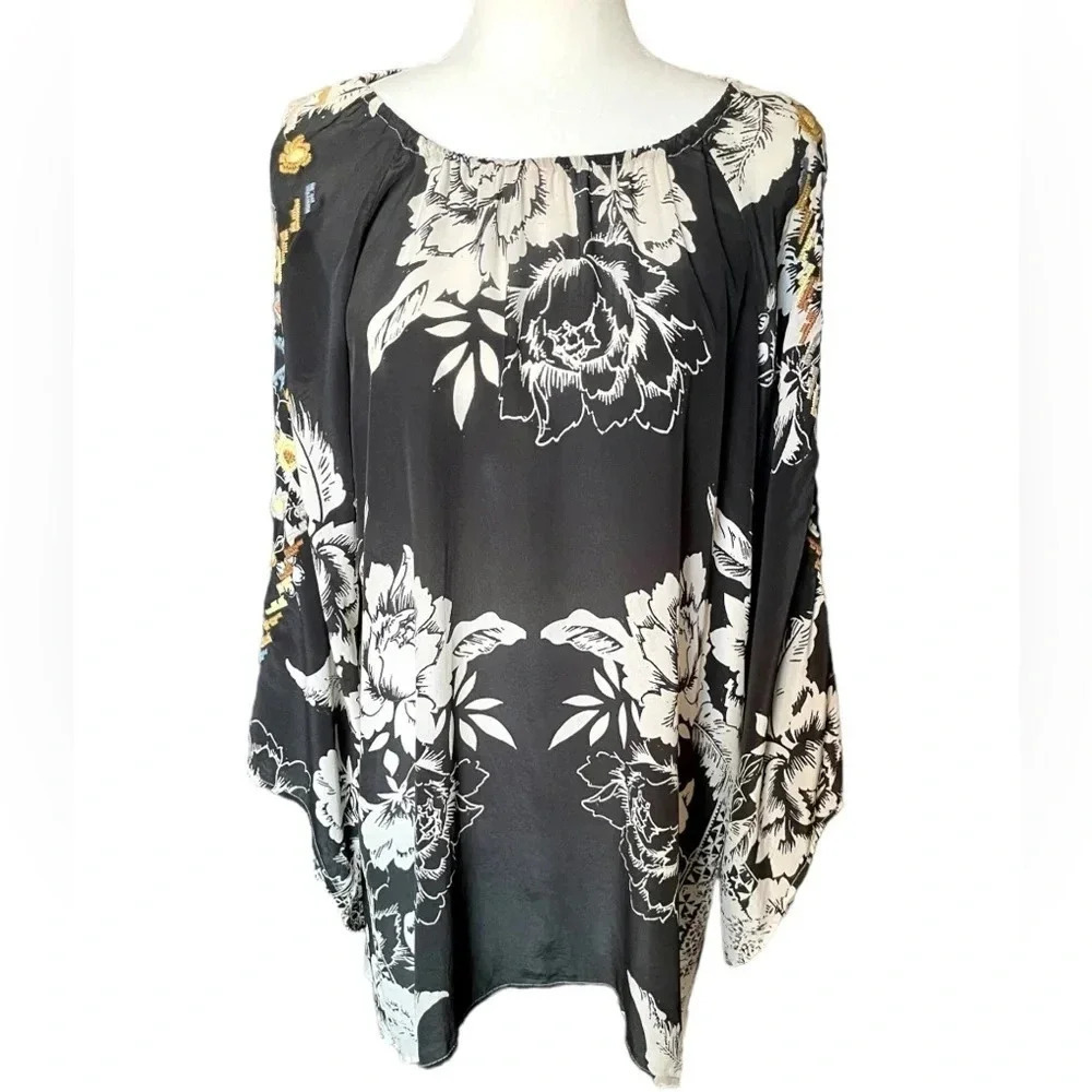 Johnny Was Biya Floral Embroidered Silk Boho Tunic Blouse